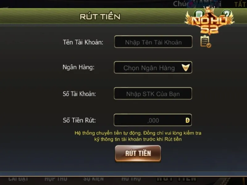 Hướng dẫn cách rút tiền Nohu52 đơn giản qua tài khoản ngân hàng